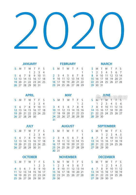 日历2020 -插图。星期日开始工作